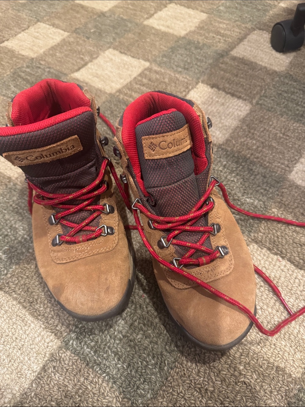 Columbia Kids Tan Suede Hiking Boots with Red Details